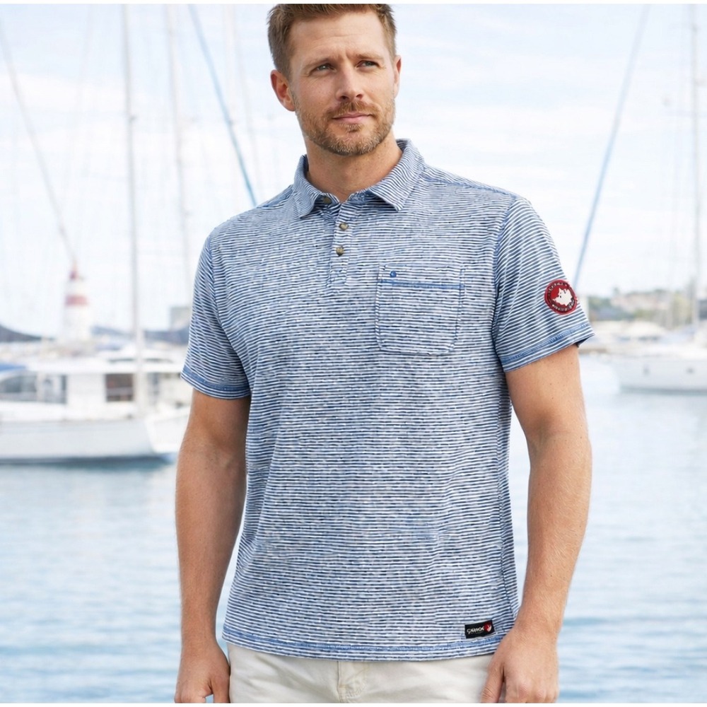 Canada Weather Gear Mens Nautical Polo Shirt XXL Coast Blue Striped Short Sleeve